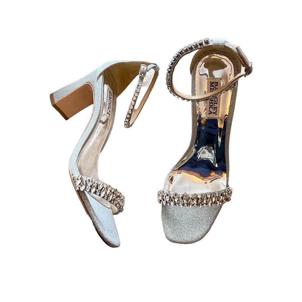 Badgley Mischka Rose Gold Crystal Block Heel Sandals - Picture 2 of 10